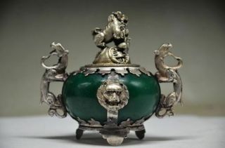 Exquisite Chinese Silver Dragon Inlaid Jade Handmade Carved Lion Incense Burner