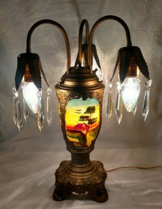 Vtg Antique Epergne Table Lamp Reverse Painted Glass Art Deco Nouveau
