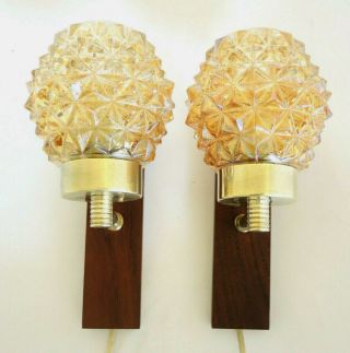 Pair Mid Century Modern Mahogany Brass & Glass Wall Sconce Lights Uplight