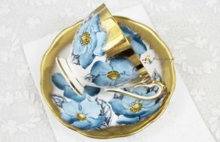 Queen Anne Magnolia Blue Floral Heavy Gold Bone China Teacup Saucer