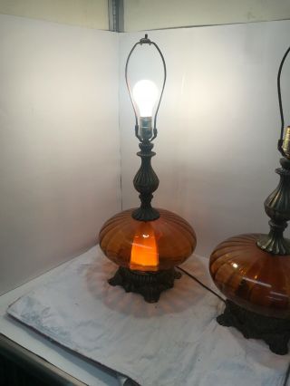 Pair Vintage Mid Century Modern Amber Glass Night Light Base Table Lamps