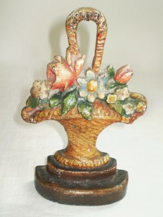 Antique Hubley Cast Iron Doorstop Basket Of Flowers With Paint 3