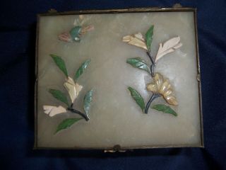 Vintage Chinese Jade Or Serpentine Box With Applied Flowers Bird Brass