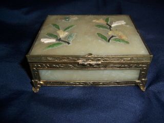 Vintage Chinese Jade or Serpentine Box with Applied Flowers Bird Brass 2