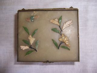 Vintage Chinese Jade or Serpentine Box with Applied Flowers Bird Brass 3