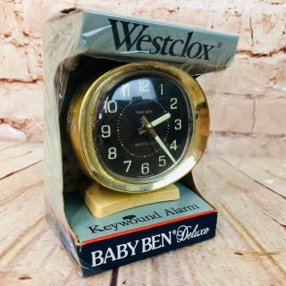 Vintage Baby Ben Windup Alarm Clock Metal Case Brass Knobs And Key Plastic Base