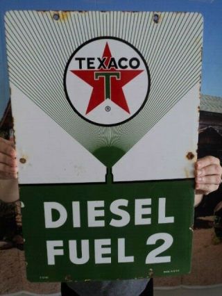 Large Vintage 1960 Texaco Diesel Fuel 2 Porcelain Gas Station Pump Sign
