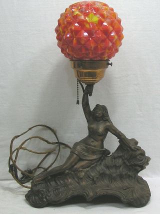 Vtg Art Deco Cast Metal Figural Nude Lady Lamp Holding Starburst Orange Globe