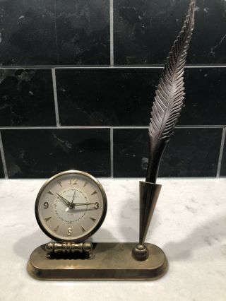 Vintage Phinney Walker Alarm Clock Desk Pen Holder Carved Feather Pen - Germany