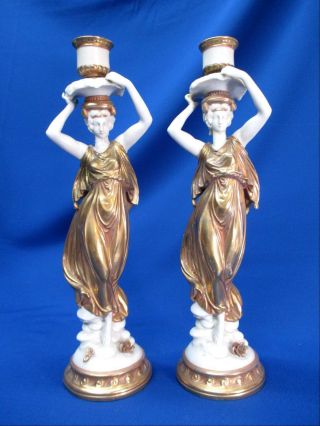 Dresden (ernst Bohn) Golden Greek Maiden Figural Candlesticks