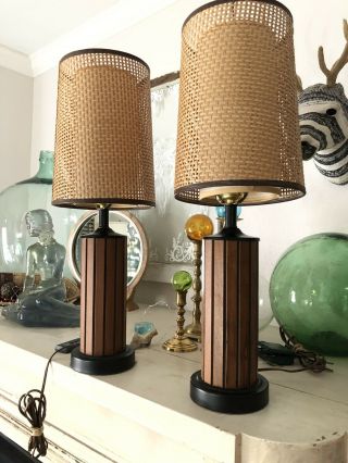 Pair Vintage Mid Century Modern Gruvwood Table Lamps W Shades Collectible Decor