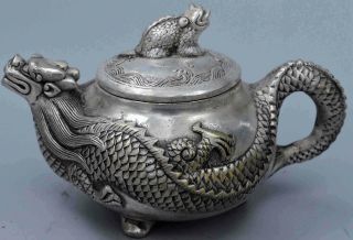Collectable China Handwork Old Miao Silver Carve Dragon Exorcism Decor Tea Pot 3