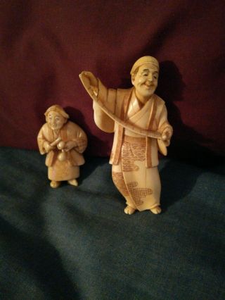 Vintage Hand Carved Ivory Color Asian Oriental Figurines Chinese
