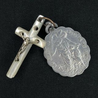 Mother Of Pearl Crucifix Pendant With St Joseph Medal Antique Vtg Silver Tone