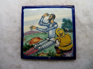 Old Spanish Hand Painted Glossy Ceramic Art Wall Tile Don Quiote & Sancho