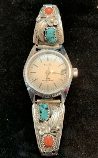 Vintage Sterling Silver Navajo Signed Turquoise & Coral Nugget Watch Band
