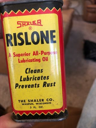 Vintage Shaler Rislone Oil Can Handy Oiler Tin No Lead Top Sign Near Full