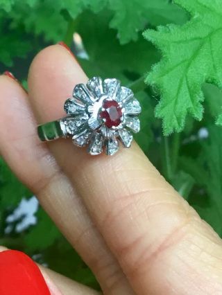 Vintage Antique Deco Natural Ruby & Diamond Palladium Cocktail Ring Size 6.  4