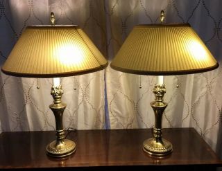Pair Stiffel Brass Trophy Urn Torch Flame Table Lamps Hollywood Regency
