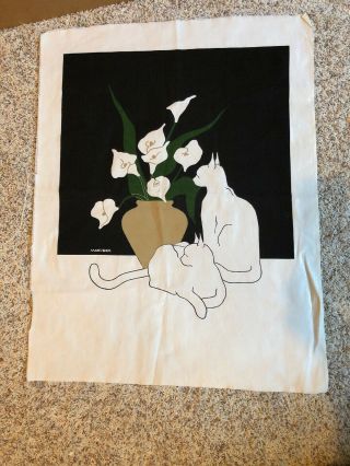 Marushka Calla Lilies & Cats Screen Print Fabric Mod Art Vtg 70’s.  22 " X 26 "