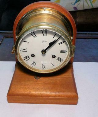 Vintage Schatz Brass Ships Bell Clock On Wood Base 6 " Dial