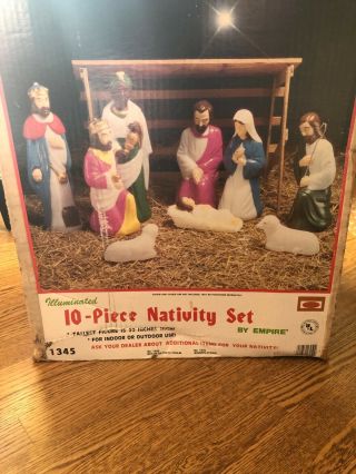 Vintage 10 pc EMPIRE Lighted Blow Mold Christmas Nativity Manger Scene Set 2