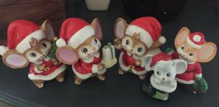 5 Pc Vintage Homco Porcelain Christmas Santa Claus Mice Figurines