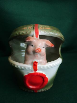 Vintage Pink Pig Fairing Figurine Pig In Hat Box Souvenir Columbus Ohio Germany