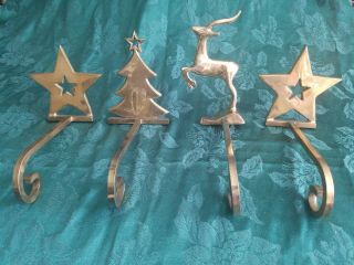 4 Vintage Brass Antelope Gazelle Christmas Tree Star Brass Stocking Holder Hooks