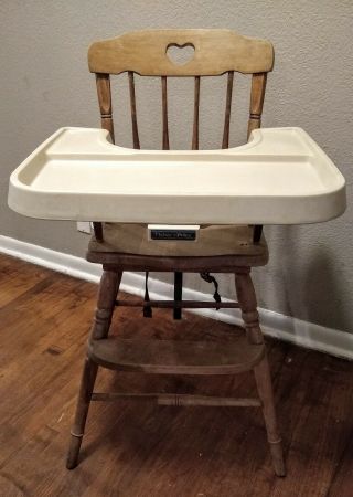 Vintage Wooden Highchair Lift Up Tray Fisher Price Safety Harness Heart Southern