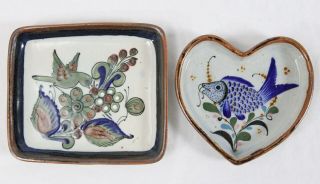 Mexican Pottery Small Tray Pair 6.  5” Bird 5.  5” Heart Fish Ken Edwards J Campe