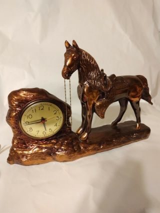 Vintage Gilbert Cast Brass / Metal Western Horse Mantle Shelf Clock Good