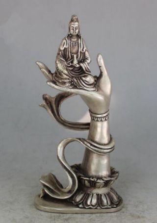 Delicate China Old Tibet Silver Carved Kwan - Yin Sit In Buddha Hand Statue Rt