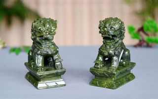 A Pair 100 Natural China Green Jade Carved Foo Fu Dog Guard Door Lion Statues