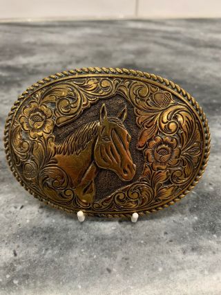 Crumrine Floral Western Horse Head Arturo Bronze Belt Buckle Vintage 1970s