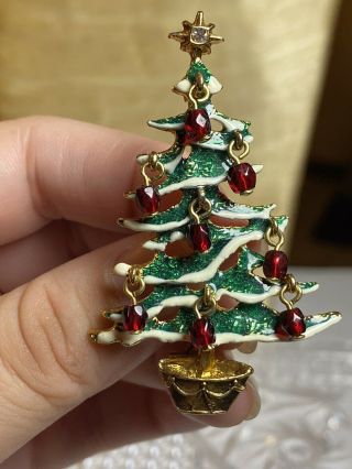 Vtg Red Crystal Dangle Ornament Christmas Tree Gold Brooch Pin Green Enamel