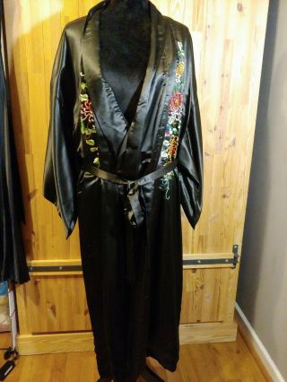 Golden Dragon 100 Silk Kimono Robe Hand Embroidered Floral Black Size Med