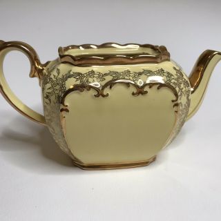 Vintage Sadler Yellow Gold Cube Teapot No Lid England Gilded Floral Vine Tea Pot