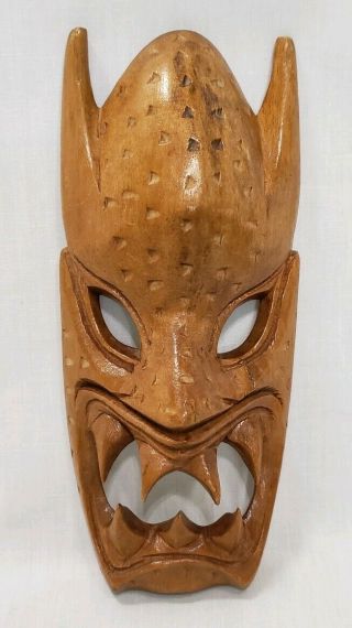 Vintage Monkey Pod Carved Wood Tiki Mask Devil Hawaii Kauai Bar Decor Labeled