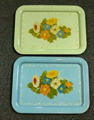 2 Vtg Metal Mid Century Lap Trays Serving Tray Blue & Green Floral Flowers