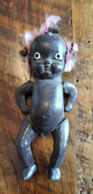 Vintage African American Bisque Ceramic Jointed Baby Doll Toy 4 " Made In Japan