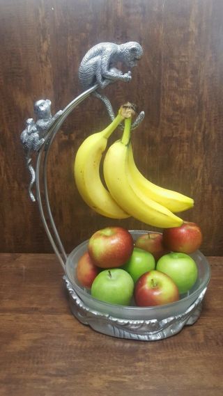 Vintage Arthur Court Hand - Made Aluminum Monkey Banana Holder With Glass Bowl