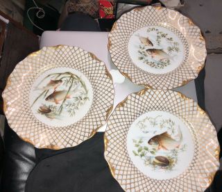3 Vintage T & V Limoges Gorgeous Handpainted Fish Plates Artist Signed