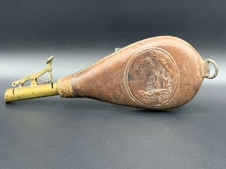 Antique Collectible Civil War Era Leather & Brass Gun Powder Flask Hunting Scene
