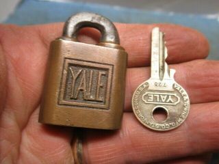 Old Brass Miniature Yale Ptpk Push Padlock Lock.  Unusual Shackle.  Orig Key N/r