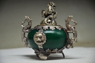 OLD CHINESE SILVER DRAGON INLAID JADE HANDMADE CARVED LION INCENSE BURNER 2