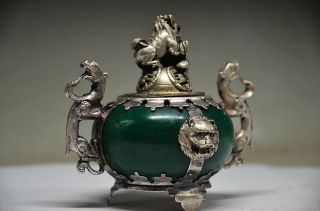 OLD CHINESE SILVER DRAGON INLAID JADE HANDMADE CARVED LION INCENSE BURNER 3