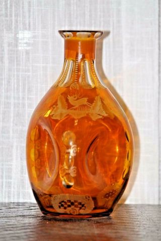 Signed,  Dated 1888 Antique Cut To Clear And Etched Amber Decanter.  Moser?