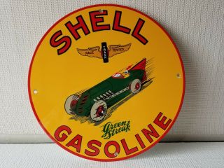 Vintage Shell Green Streak Gasoline W/ Car 12 " Porcelain Gasoline Oil Sign