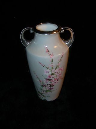 Antique Vintage Ceramic Czech Vase Double Handle Hand Painted Signed Silver Urn